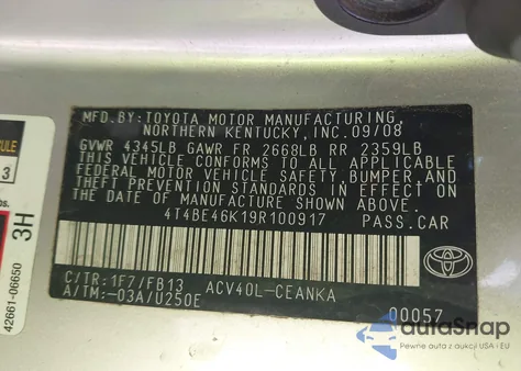 2009 Toyota Camry Le z USA, uszkodzony, nr VIN 4T4BE46K19R100917